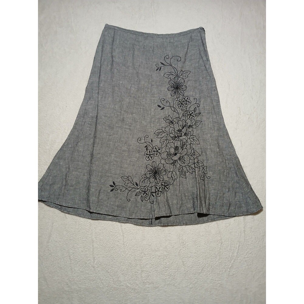 JM Collection Gray Linen Floral Black Beaded Embroidered A-Line Midi Skirt 12P